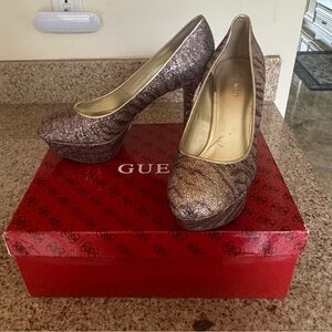 GUESS Rose Gold Glitter Platform Pumps